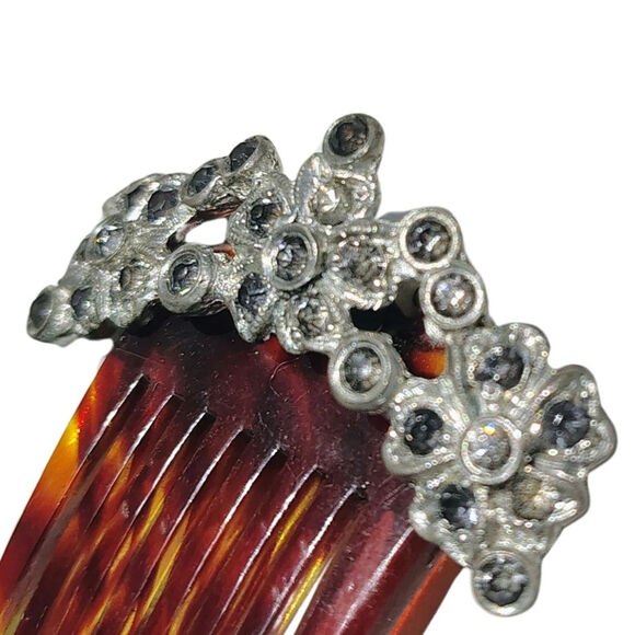 1920s Comb Tortoise Shell Celluloid Metal Gemstone Flower Adorned Hair Accessory main image 5